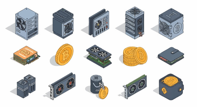 Isometric Cryptocurrency Mining Hardware and Digital Currency Icons Set.