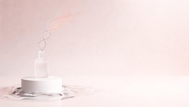 Minimal pedestal concept combining packaging, nature, and texture: a soft unlabeled bottle silhouette, a delicate droplet helix rising into a faint salmon outline above a macro wave of clear toner. Wa