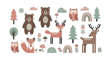 Fototapeta premium Cute Scandinavian Forest Animals Vector Illustration Set with Bears, Foxes, Deer, Owls, and Nature Elements for Nursery Decor