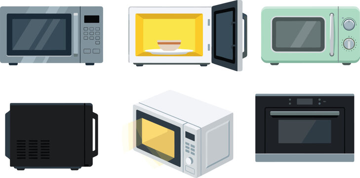 Microwave oven appliance collection featuring countertop microwave units open door cooking heating and modern kitchen equipment illustrations