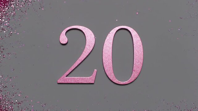 Pink Glitter Blow‑Away Reveal of Number 20 on Solid Background
