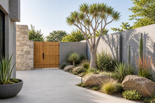 Modern backyard patio with wooden fence and landscaped garden design