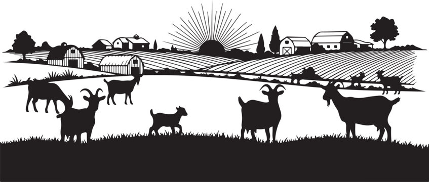 Black silhouette goats on grass in front of farm landscape