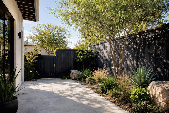 Modern backyard patio with wooden fence and landscaped garden design