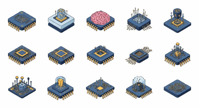 Collection of isometric computer processors and microchips with futuristic and technological elements, including a brain-shaped chip.
