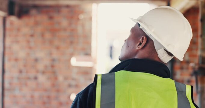 Walking, back and person on construction site for planning, infrastructure and property inspection. Architecture, civil engineering and worker for building safety, renovation and remodeling project