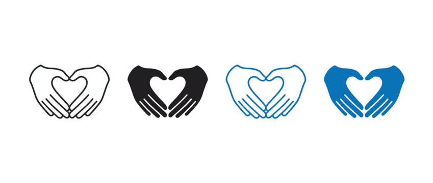 Two hands making heart symbol icon set, symbolizing love, care, and connection,  silhouette, signs, gesture,  vector illustration . 