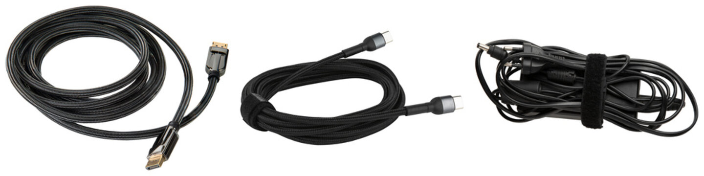 Collection of three black cables: HDMI, USB-C, and a multi-connector cable, isolated on a white background.