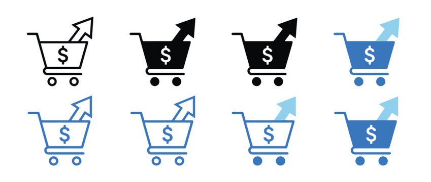 Upselling Strategy Icon Set. Shopping cart with upward arrow and dollar symbol for sales growth and e-commerce marketing concept. expand, amplify, growth Vector illustration. 