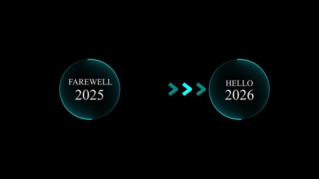 Futuristic Neon New Year Timeline Animation, Farewell 2025 and Hello 2026 HUD UI Interface Elements, Abstract Cyber Digital Calendar Countdown Graphic Concept with Loading Arrows,4K Animation Video.