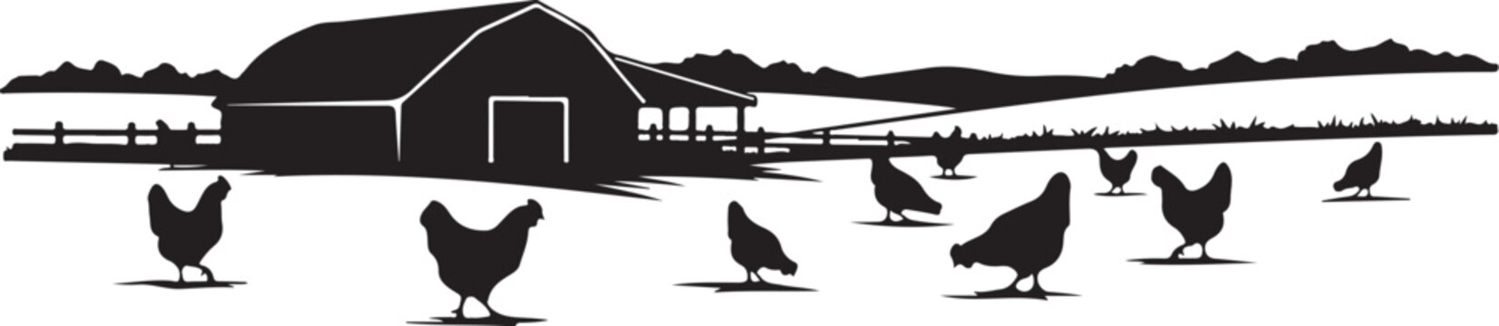 Black silhouette of chickens and barn in farm landscape