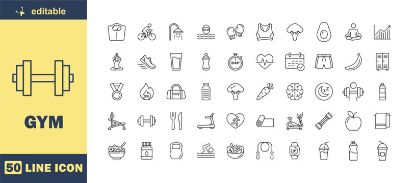 Gym and Fitness Line Icon Set &ndash; Workout, Exercise, Training and Healthy Lifestyle Outline Vector Collection