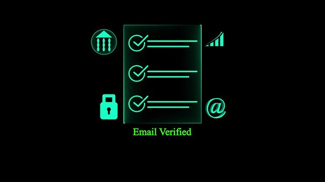 Green Neon Email Verified Checklist Animation, HUD Cyber Security and Privacy Interface Elements, Mail Account Authentication Approved and Shield Safety Icon Symbols,4K Animation Video.