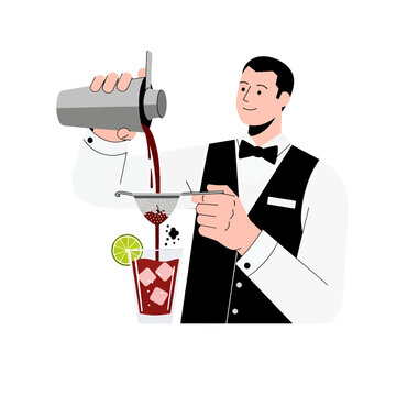 A professional bartender pours a fresh cocktail into a glass with ice