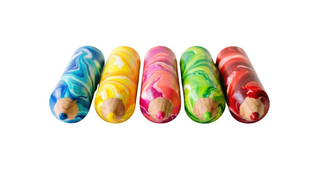 Five colorful marbled wax crayons isolated on transparent background