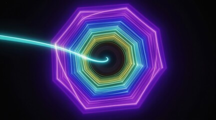 Fototapeta premium Abstract tunnel with neon light streaks. Octagonal geometric shapes form vibrant, glowing vortex. Cyan line traces swirling path into dark spiral center. Dark background with glowing colorful