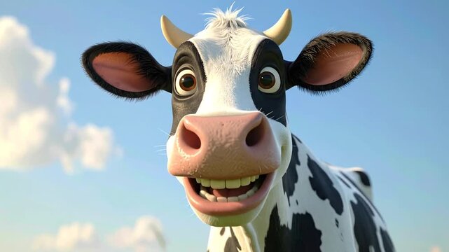 Happy Smiling Dairy Cow Looking at Camera in Green Field with Blue Sky on Sunny Day