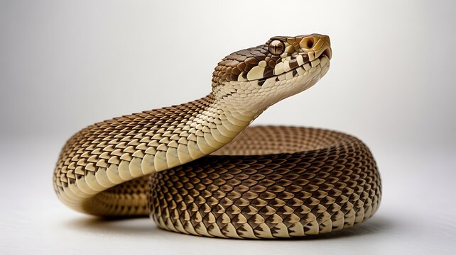  Coiled snake with light brown tan coloration distinct diamond checkered scale pattern raised head defensive posture reptile anatomy behavior detailed texture