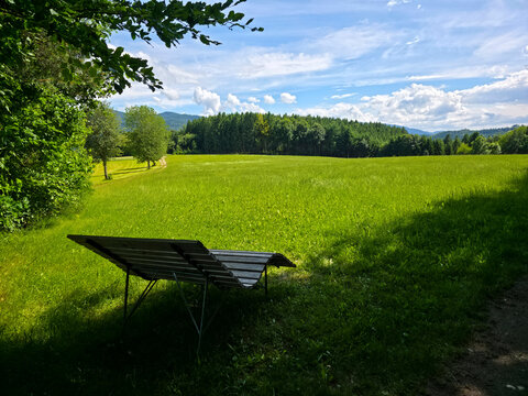germany, comfortable wooden deck chair overlooking endless pasture at forest edge in peaceful sunshine