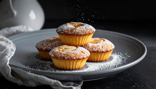 Delicate French Apricot and Almond Financiers Dusted with Confectioners Sugar on a Gray Plate