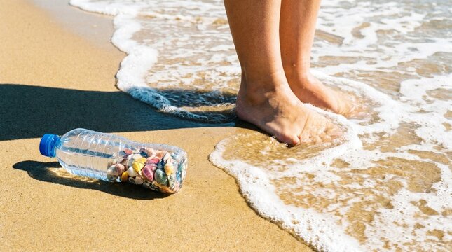 Plastic bottle filled with colorful seashells resting on wet golden sand near bare human feet