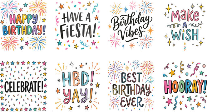 Happy Birthday and Celebration Lettering Typography Icon Set with Festive Confetti, Fireworks, and Wishes for Greeting Cards, Party Invitations, and Print Media Designs