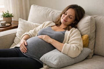 Obraz premium A pregnant woman relaxes comfortably on a couch, gently cradling her belly with a peaceful smile in a cozy living room setting.