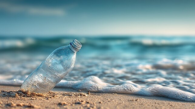 A single plastic bottle sits in the foreground on a pebble beach as strong sea waves roll in. Concept of beautiful wild nature fighting against human pollution and debris.