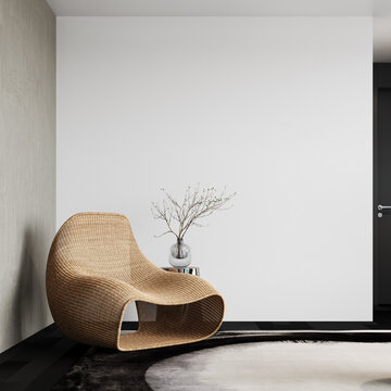 Modern interior design of living room with empty white wall background. 3D Rendering, 3D Illustration