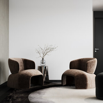 Modern interior design of living room with empty white wall background. 3D Rendering, 3D Illustration