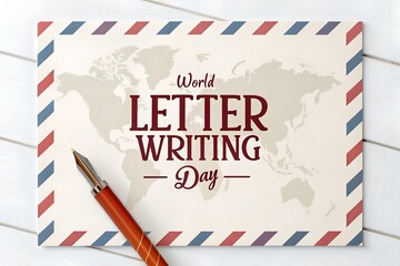 Obraz premium Elegant fountain pen resting upon a vintage style envelope featuring a detailed world map background for world letter writing day celebration with classic red and blue airmail border design elements.