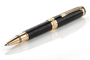 Fototapeta premium Luxury rollerball pen featuring a textured black leather barrel with polished gold trim and intricate metal details captured in a professional studio setting against a clean and bright white backgroun