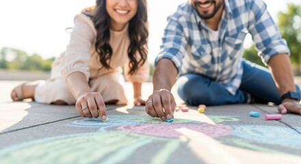 Fototapeta premium Playful couple creating chalk drawings on pavement in sunny park. Happy couple sits together drawing colorful designs using chalk, enjoying their time in nature.