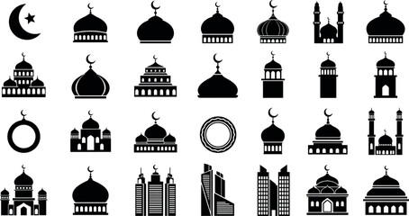 Islamic Mosque Dome and Minaret Silhouette Icon Set for Ramadan Kareem, Eid Mubarak Greetings, and Arabic Cultural Graphic Design ElementsIslamic Mosque Dome and Minaret Silhouette Icon Set for Ramada © BijoyChandra
