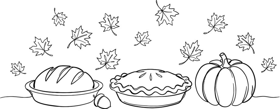 Black and white line drawing of bread, pie, and pumpkin with leaves