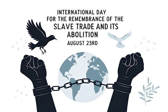 International day for the remembrance of the slave trade and its abolition featuring two raised dark fists with broken chains and a globe illustration rendered in a minimal flat style