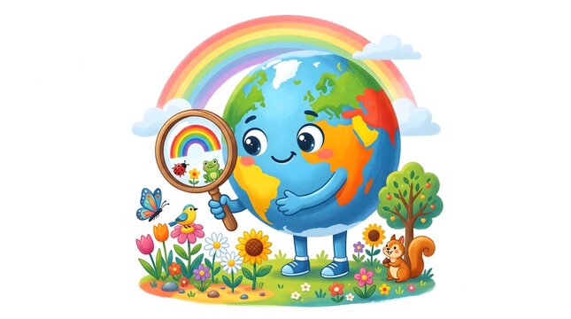 Cute planet Earth character learning about the sense of sight by observing colors, shapes and objects in a fun science illustration.