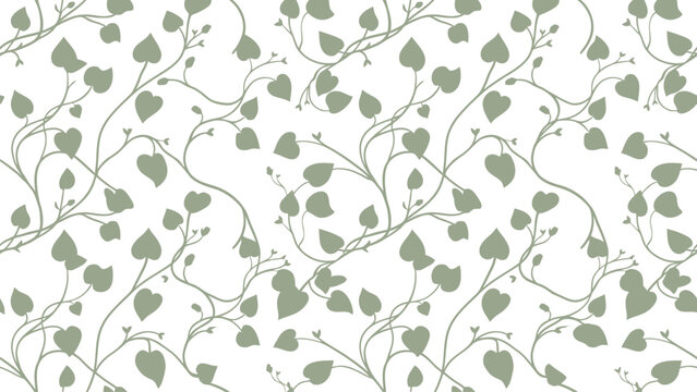 Delicate botanical vine pattern with small green leaves on pale background.
