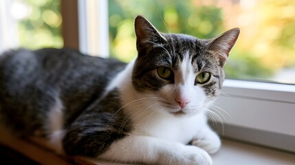 Fototapeta premium A beautiful cat gazes through a window bathed in soft warm daylight creating a cozy and peaceful atmosphere