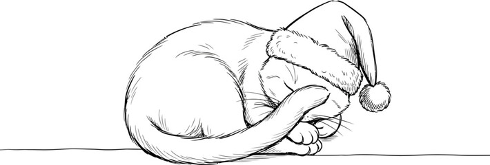 A black and white sketch of a cat wearing a santa hat curled up © prodip