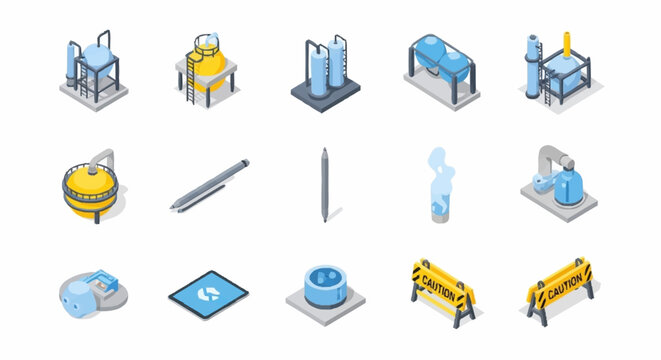 Set of isometric industrial icons representing various factory equipment and elements.