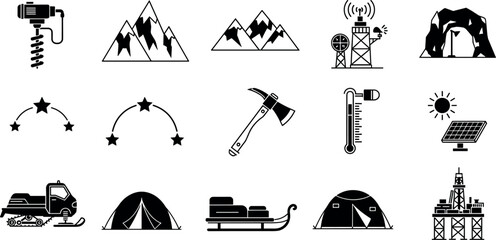 Arctic Expedition and Mountain Exploration Silhouette Icon Set with Ice Drill Tent Snowmobile and Research Station Elements for Geologic Survey GraphicsArctic Expedition and Mountain Exploration Silho © BijoyChandra