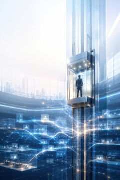 Transparent Elevator Rising Through AI Business Growth Layers