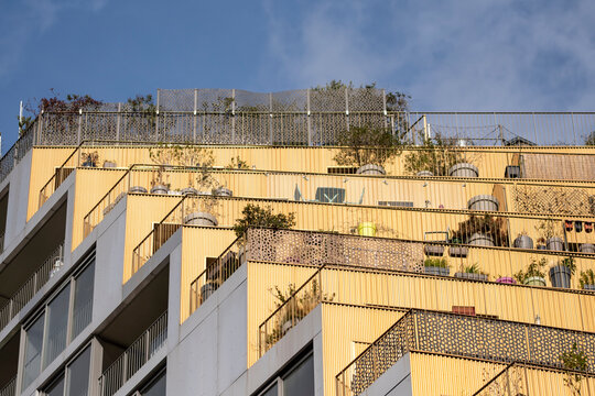 Terraced roof planting rises above a residential building facade, where sustainable architecture brings urban greenery beneath open sky