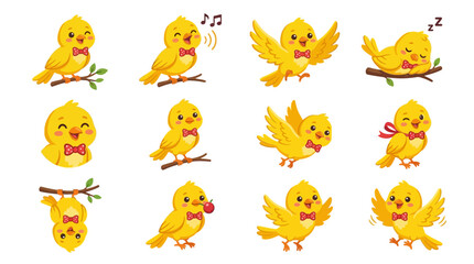 Obraz premium Cute yellow chick character set, 12 cartoon bird illustrations with red bow ties, adorable baby chicken mascot in various poses and emotions