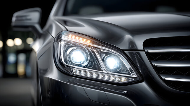 Close view of modern car headlights shining on a dark road at night, useful for automotive lighting, vehicle safety, and night driving content