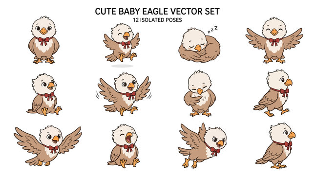 Cute baby eagle vector set, 12 isolated poses of cartoon eaglet characters, adorable brown bird mascot collection for nursery and children design