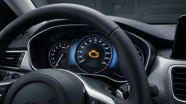 Close view of a car dashboard with a check engine warning light on the instrument cluster, useful for automotive service, vehicle maintenance, and repair content