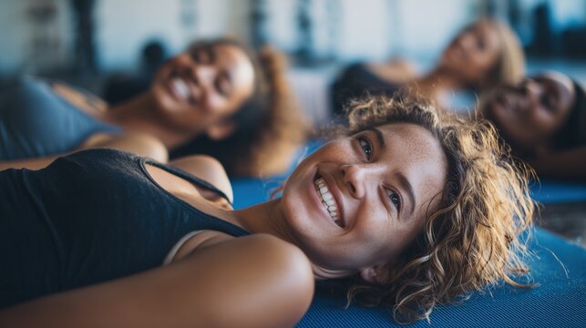 Diverse young women lie on the floor in a bright gym, smiling with eyes closed. Concept of body positivity, mental wellness, and community support in sports.
