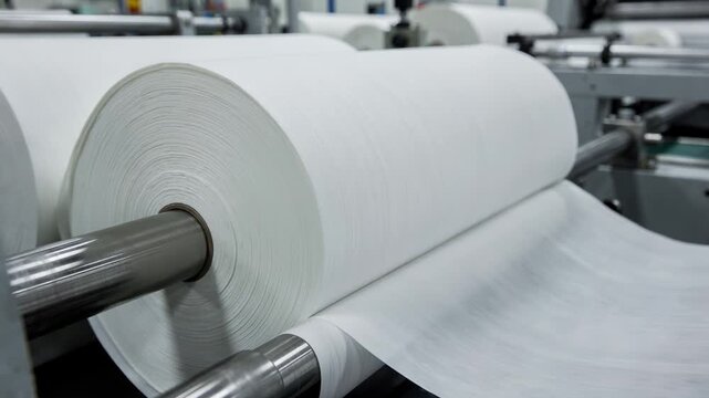 Medium shot focusing on twoply tissue logs undergoing roll slitting showcasing layered texture and highspeed production line efficiency.